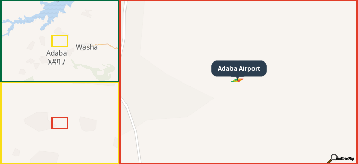 Map showing the address of Adaba Airport in three different zoom levels.