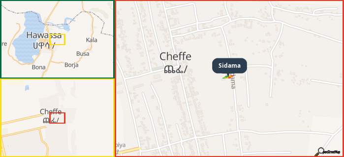 Map showing the address of Sidama in three different zoom levels.