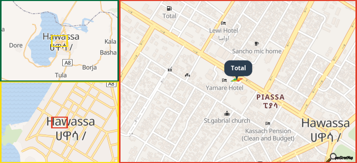 Map showing the address of Total in three different zoom levels.