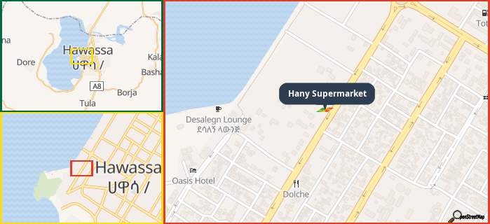 Map showing the address of Hany Supermarket in three different zoom levels.
