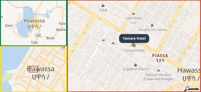 Map showing the address of Yamare Hotel in three different zoom levels.