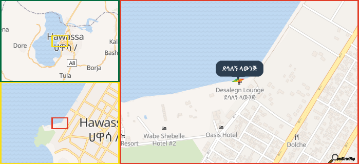 Map showing the address of ደሳለኝ ላውንጅ in three different zoom levels.
