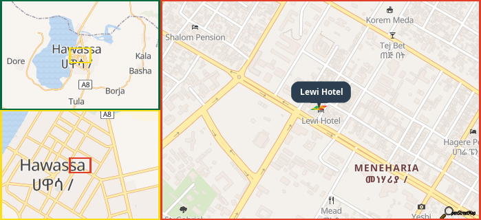 Map showing the address of Lewi Hotel in three different zoom levels.