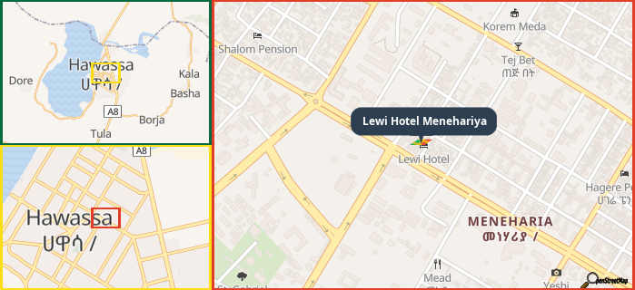 Map showing the address of Lewi Hotel Menehariya in three different zoom levels.