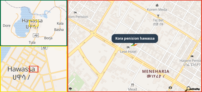 Map showing the address of Kora penision hawassa in three different zoom levels.