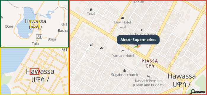Map showing the address of Abezir Supermarket in three different zoom levels.