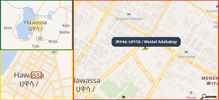 Map showing the address of መስቀል አደባባይ / Meskel Adebabay in three different zoom levels.