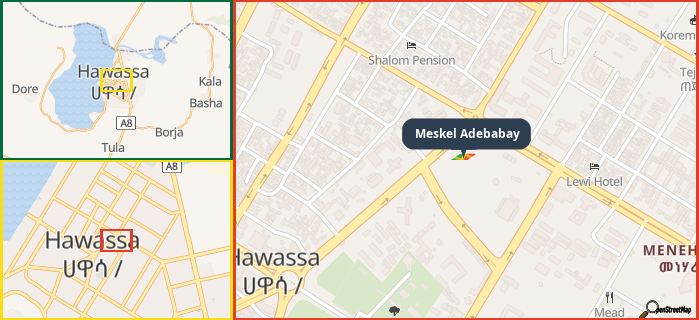 Map showing the address of Meskel Adebabay in three different zoom levels.
