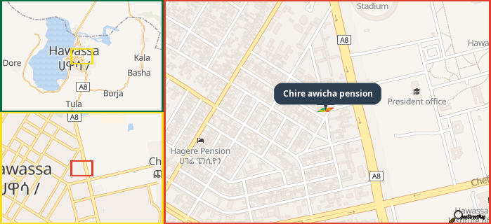 Map showing the address of Chire awicha pension in three different zoom levels.