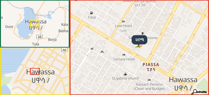 Map showing the address of ሀሮሚ in three different zoom levels.
