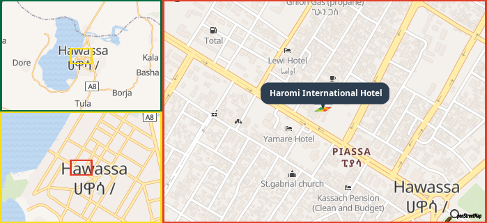 Map showing the address of Haromi International Hotel in three different zoom levels.