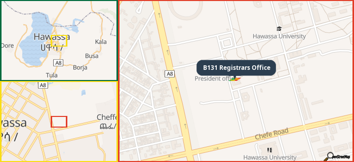 Map showing the address of B131 Registrars Office in three different zoom levels.