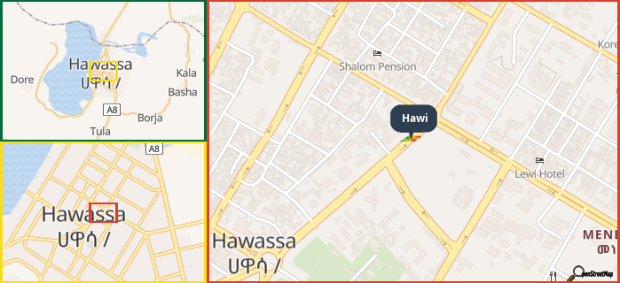 Map showing the address of Hawi in three different zoom levels.