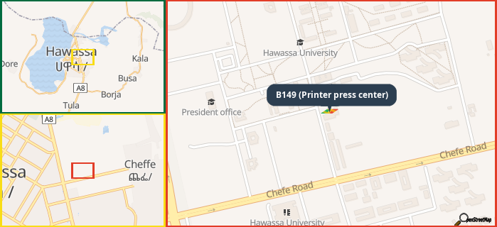 Map showing the address of B149 (Printer press center) in three different zoom levels.