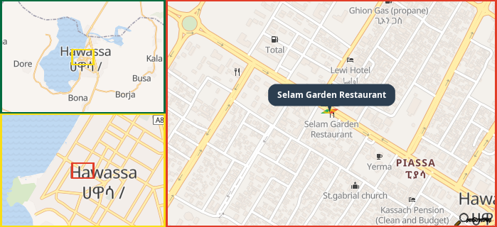 Map showing the address of Selam Garden Restaurant in three different zoom levels.