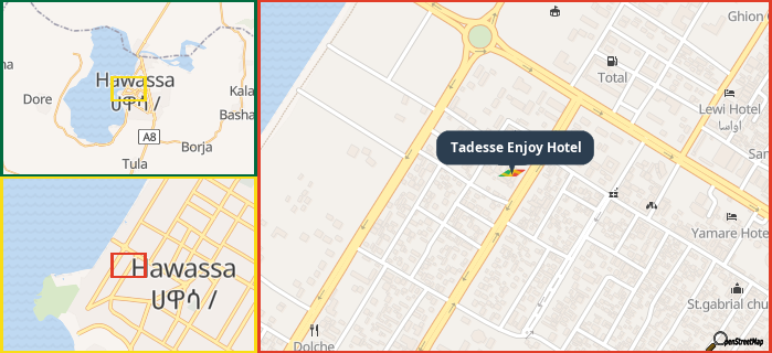 Map showing the address of Tadesse Enjoy Hotel in three different zoom levels.