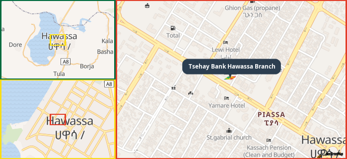 Map showing the address of Tsehay Bank Hawassa Branch in three different zoom levels.