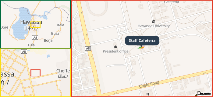 Map showing the address of Staff Cafeteria in three different zoom levels.