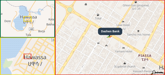 Map showing the address of Dashen Bank in three different zoom levels.
