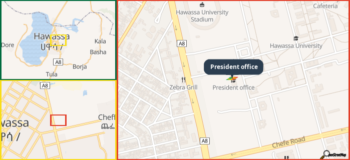 Map showing the address of President office in three different zoom levels.