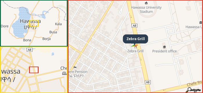 Map showing the address of Zebra Grill in three different zoom levels.