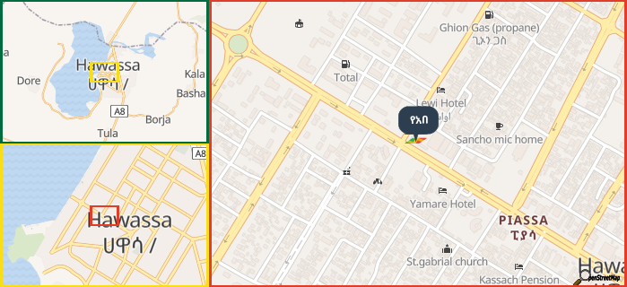 Map showing the address of የአበ in three different zoom levels.