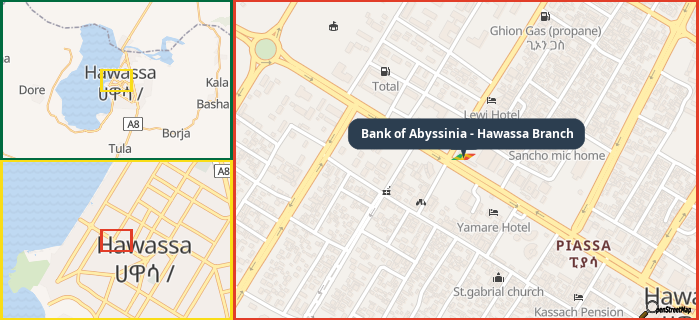 Map showing the address of Bank of Abyssinia - Hawassa Branch in three different zoom levels.