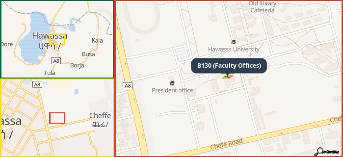 Map showing the address of B130 (Faculty Offices) in three different zoom levels.