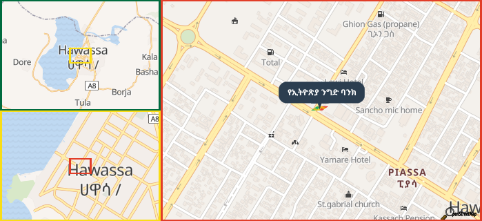 Map showing the address of የኢትዮጽያ ንግድ ባንክ in three different zoom levels.