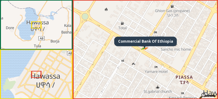 Map showing the address of Commercial Bank Of Ethiopia in three different zoom levels.