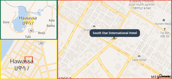 Map showing the address of South Star International Hotel in three different zoom levels.
