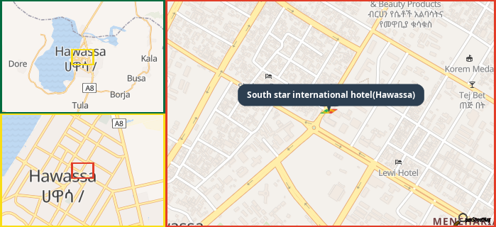 Map showing the address of South star international hotel(Hawassa) in three different zoom levels.