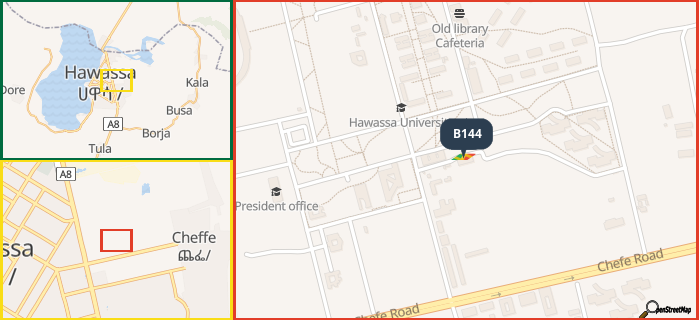 Map showing the address of B144 in three different zoom levels.