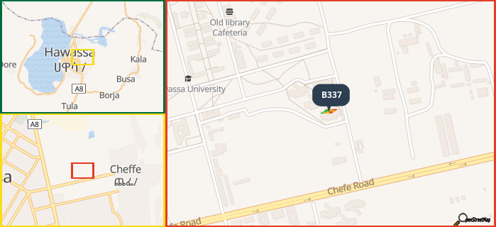 Map showing the address of B337 in three different zoom levels.