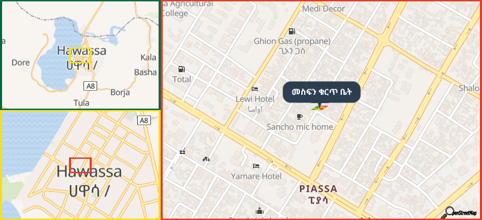 Map showing the address of መስፍን ቁርጥ ቤት in three different zoom levels.