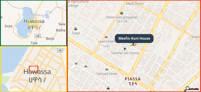 Map showing the address of Mesfin Kurt House in three different zoom levels.