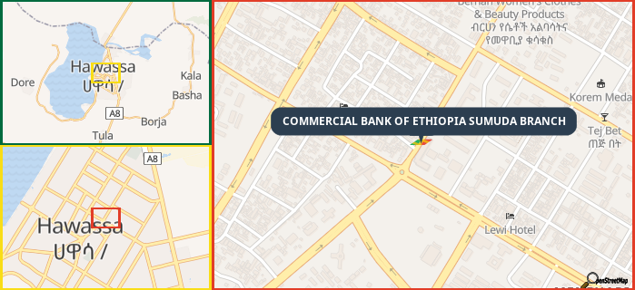 Map showing the address of COMMERCIAL BANK OF ETHIOPIA SUMUDA BRANCH in three different zoom levels.