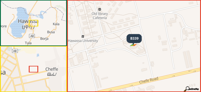 Map showing the address of B339 in three different zoom levels.