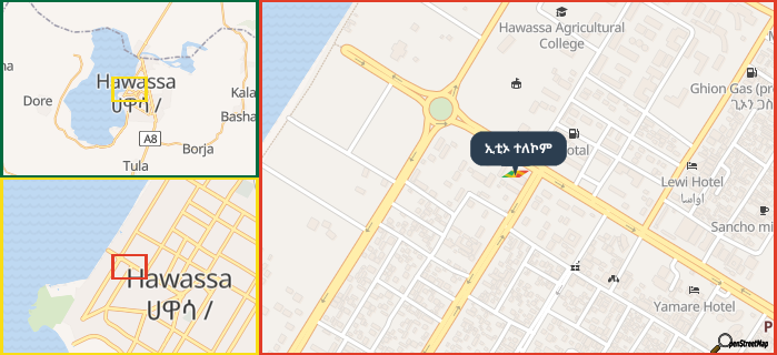 Map showing the address of ኢቲኦ ተለኮም in three different zoom levels.