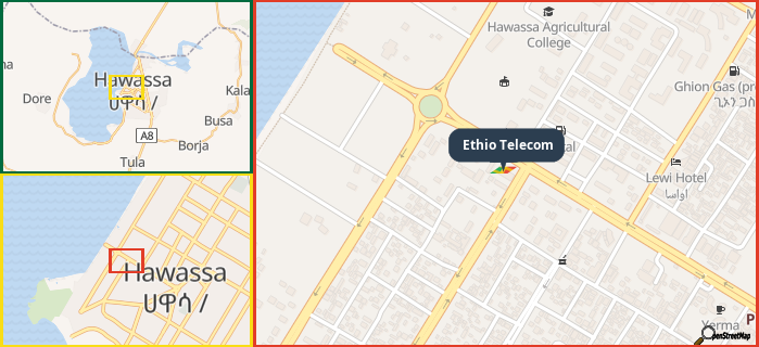 Map showing the address of Ethio Telecom in three different zoom levels.