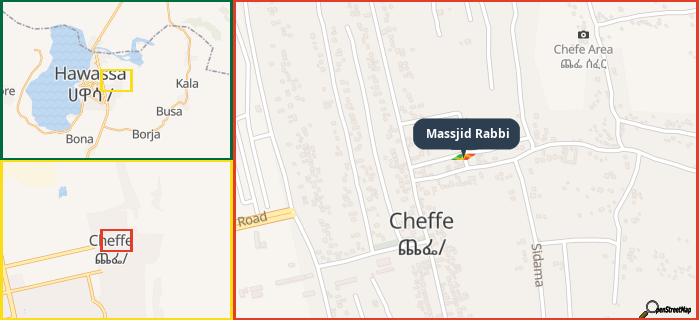 Map showing the address of Massjid Rabbi in three different zoom levels.