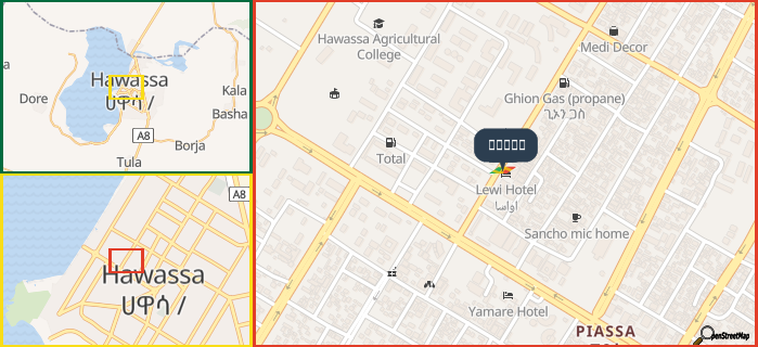 Map showing the address of اواسا in three different zoom levels.