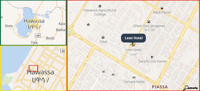 Map showing the address of Lewi Hotel in three different zoom levels.