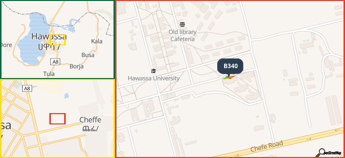 Map showing the address of B340 in three different zoom levels.