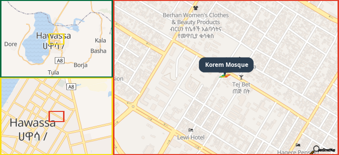 Map showing the address of Korem Mosque in three different zoom levels.