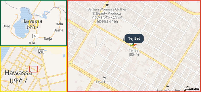 Map showing the address of Tej Bet in three different zoom levels.
