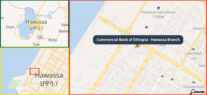 Map showing the address of Commercial Bank of Ethiopia - Hawassa Branch in three different zoom levels.