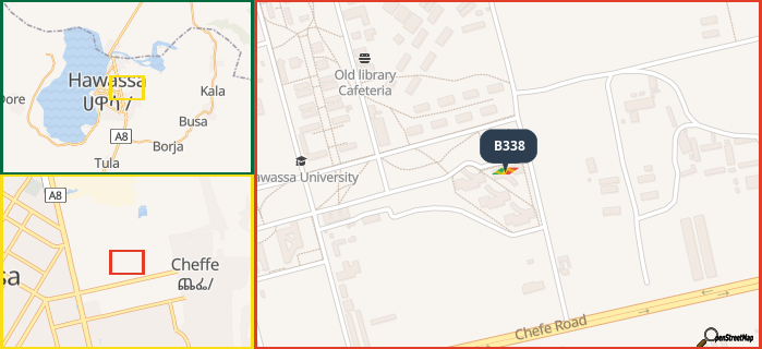 Map showing the address of B338 in three different zoom levels.