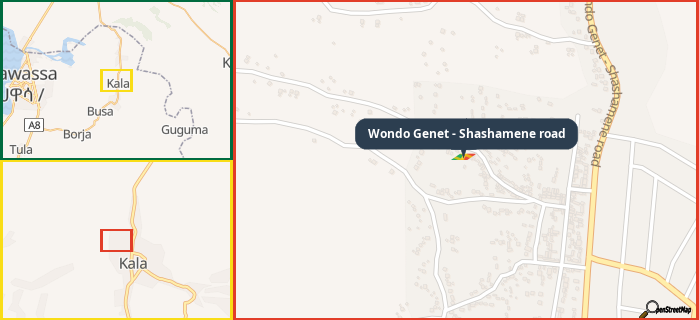 Map showing the address of Wondo Genet - Shashamene road in three different zoom levels.