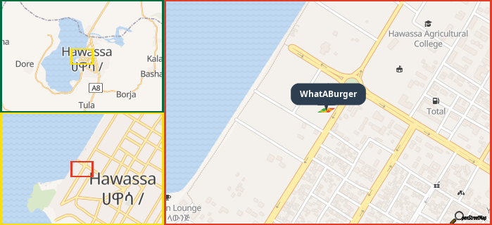 Map showing the address of WhatABurger in three different zoom levels.
